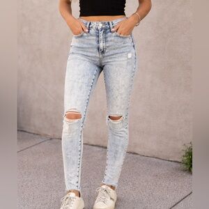 Garage Light Wash Distressed High Rise Skinny Jeans